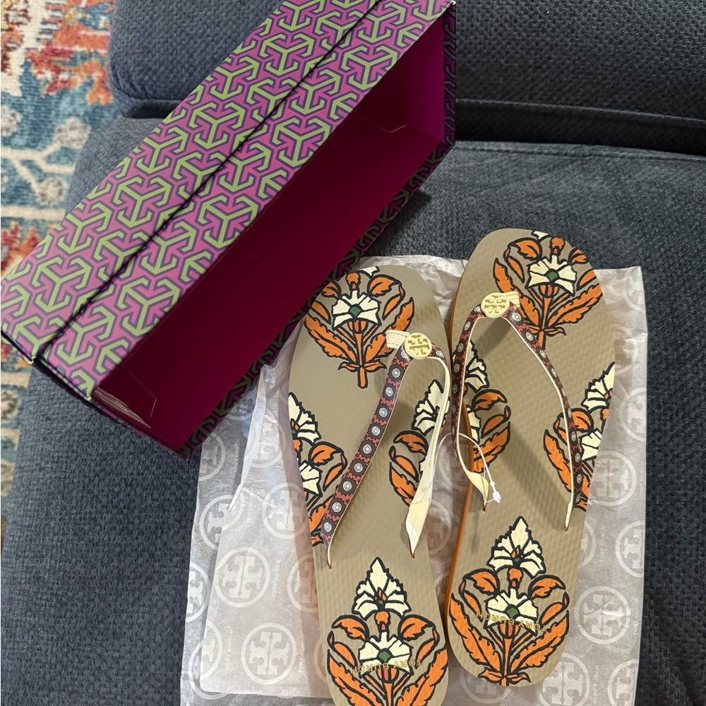Tory Burch Women's Floral Flip Flops - Tan and Orange
